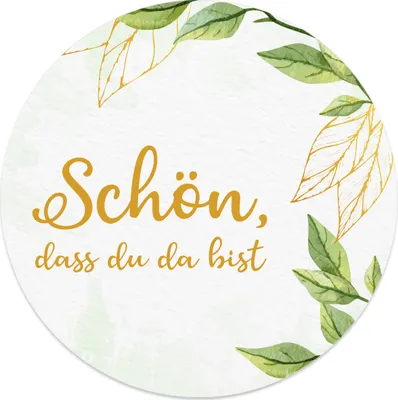 Produktbild von MAVANTO® 20x Schön dass du da bist Aufkleber 4,5 cm rund - Hochzeit Sticker ideal für Gastgeschenk in vielen schönen Designs (Immergrün)