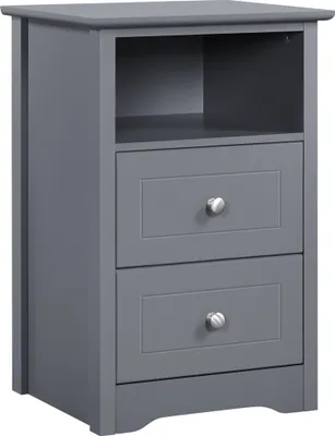A dark gray nightstand with two drawers and an open shelf.