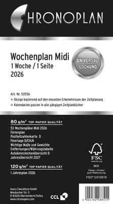Zdjęcie produktu dla Chronoplan 50556 Plan tygodniowy, Midi, 2026, biały, 96 x 172 mm, Zawartość: 35 arkuszy / 1 szt