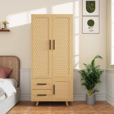 Obrázok produktu pre Skriňa s ratanovými dvierkami, 2 zásuvkami, tyčou na vešanie a rozmermi 80x52x176 cm