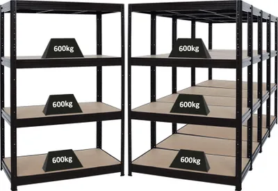 Produktbild von Mega Deal | 5x Schwerlastregal DINO | HxBxT 180x120x60cm | 4 MDF-Platten-Ebenen 6,5 mm | Fachlast 600kg | Schwarz