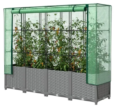 Produktbild von Hochbeet mit Gewächshaus-Aufsatz Pflanzkasten für Gemüse und Blumen 160x40x138 cm Hellgrau
