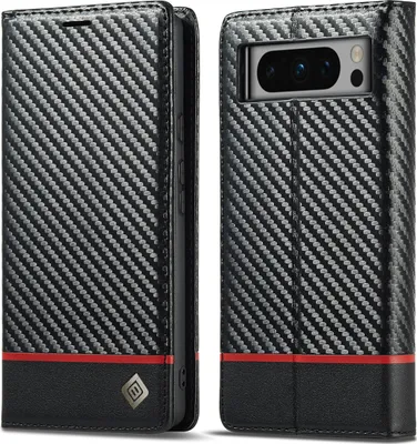 Produktbild von Hülle für Google Pixel 8 Pro Kohlefaser Leder Brieftasche Schutzhülle mit Standfunktion Schwarz Horizontal Rot