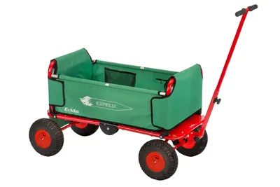 A red and green garden wagon with four wheels and a handle, shown against a white background.