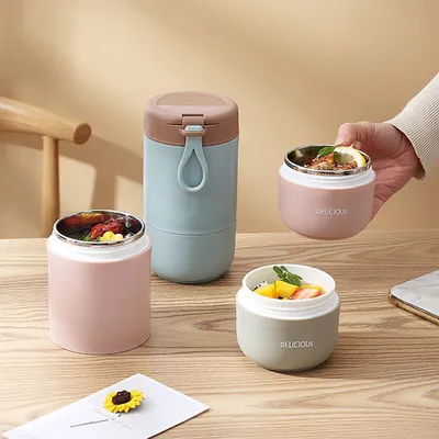 Produktbild von jinaishop 2Stk 800 ml Müslibecher To Go, Lunchpot aus Edelstahl, auslaufsicherer Joghurtbecher mit Löffel, doppelschichtiger Lunchbox für Schule, Büro Blau+Rosa