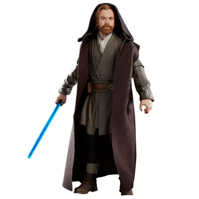 A Star Wars Obi-Wan Kenobi action figure holding a blue lightsaber.