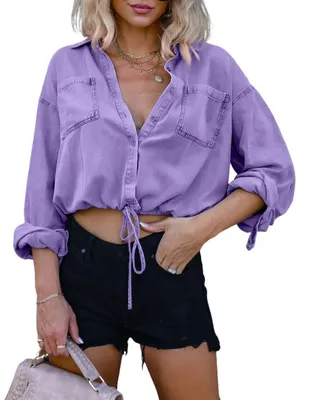 Produktbild von Elzusha – Damen Kurzgeschnittenes Jeanshemd mit 3/4-Ärmeln und Bindekragen