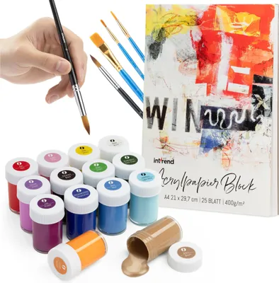 Produktbild von int!rend Acrylfarben Set mit 5 Pinseln und Papier - 14x 18ml Acryl Farben - Wasserfeste Acrylfarbe zum Bemalen von Leinwand, Holz, Ton & Steine -