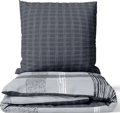 Produktbild von Baumwolle Renforce Bettwäsche Set 240x220 cm Grau Anthrazit Weiß Gestreift Kariert mit Reißverschluss
