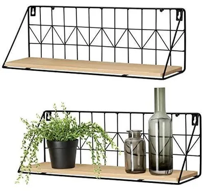 Image de Étagères murales flottantes, lot de 2 - Étagères murales en métal et bois - Rangement - Décoration - Design rustique - Durables et robustes
