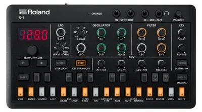 A top-down view of a black Roland S-1 Tweak Synthesizer with various controls and buttons.