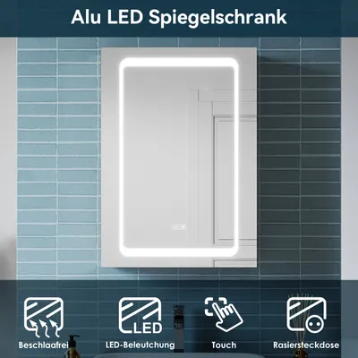 Produktbild von Sonni Spiegelschrank 50x70cm LED-Beleuchtung beschlagfrei Touch-Schalter Rasiersteckdose Aluminium Badezimmer vormontiert