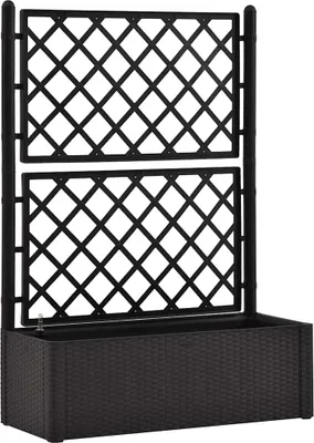 A black planter box with a trellis attached, shown against a white background.