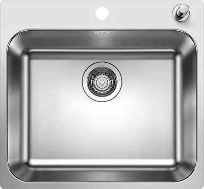 A top-down view of a stainless steel kitchen sink with a drain and a soap dispenser.