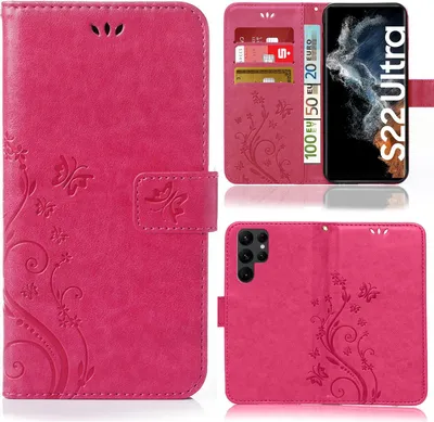 A collage of images showing a pink flip phone case with a floral and butterfly embossed pattern, displaying its front, interior card slots, and the back camera cutout.