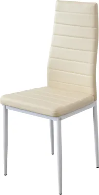 A single beige dining chair with a white metal frame is shown against a white background.
