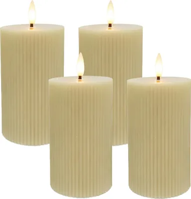 Immagine prodotto di Candele LED Relaxdays, set da 4, A x P: 13 x 7,5 cm, fiamma tremolante, cera vera, scanalature, candele a blocco senza fiamma, beige