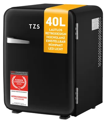 Produktbild von TZS First Austria - Retro Mini Kühlschrank 40L lautlos - Minibar im Vintage-Design mit Innenbeleuchtung & 2 Türfächern - Schwarz
