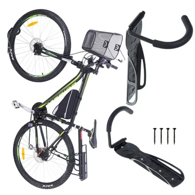 A bicycle mounted on a wall mount, with other wall mounts and screws shown separately.