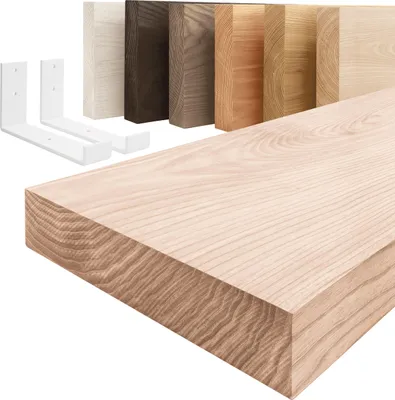Produktbild von LAMO Manufaktur Wandregal Holz Gerade  |  Regal Farbe: Roh | mit weißem Industrial Regalträger | 50 cm