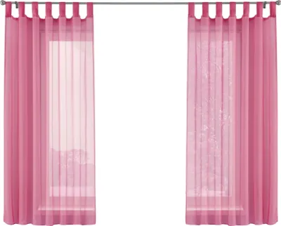 A pair of pink sheer curtains hanging on a curtain rod.