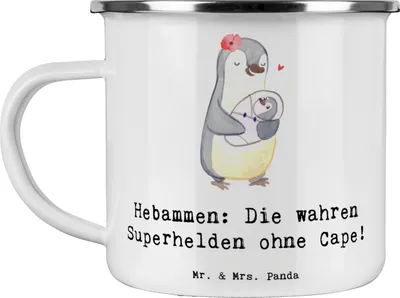 Produktbild von Mr. & Mrs. Panda Campingbecher Hebamme Superheld - Weiß - Geschenk, blechbecher, handgefertigte Geschenke, Hebammenarbeit, kreative, Emaille Tasse, Teetasse, Geburtshaus