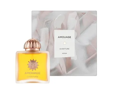A bottle of Amouage Overture Eau de Parfum is displayed next to its packaging.