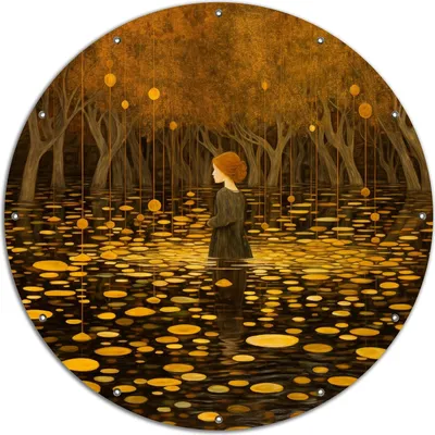Produktbild von Wallario rundes Outdoor-Poster für Garten oder Balkon, Motiv Goldener Wald, 120 cm Durchmesser
