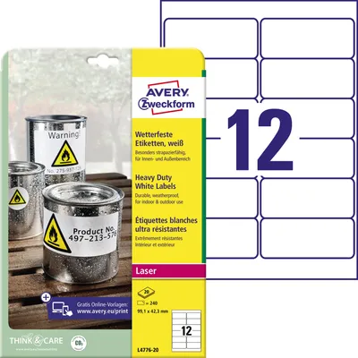 Obrázok produktu pre Avery L4776-20, Biela, Laser, 99,1 x 42,3 mm, 240 kusov, 20 listy, A4