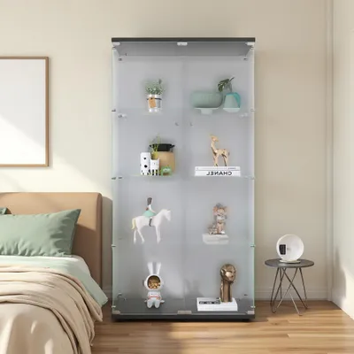 Produktbild von INONEFT Glasvitrine mit Schloss, Doppeltür 4 Etagen, Hartglas Vitrinenschrank, für Wohnzimmer Schlafzimmer Büro , 80×36×164 cm, Schwarz