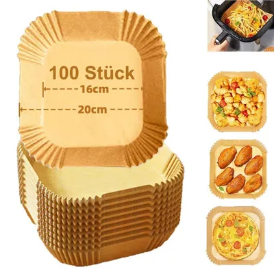 Produktbild von Backpapier für Heißluftfritteuse-3–5L, Air Fryer Backpapier 16 cm-100 Stück Antihaft & ölfestes Backpapier – Ø16 cm, Höhe 4,5 cm, Quadratisch,BPA-frei