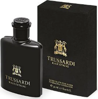 A black bottle of Trussardi Black Extreme Eau de Toilette and its matching black box, both with gold accents, are displayed against a white background.