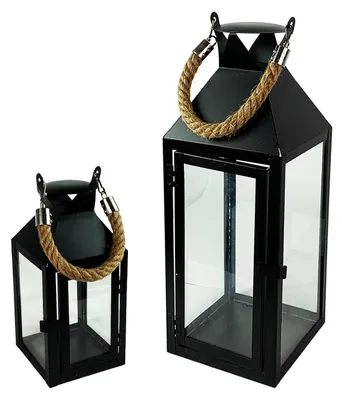 2er Set Metall-Laternen Gartenlaterne Mit Kordel Schwarz 25/38 cm