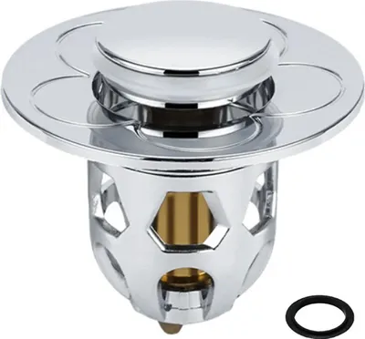 A chrome-plated pop-up drain stopper with a built-in filter and a rubber seal ring.