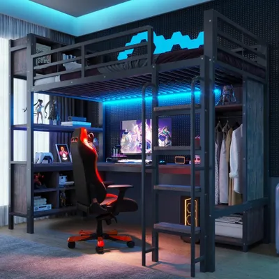 Image de Lit superposé pour enfants avec espace de jeu - 140 x 200 cm - Bureau intégré - Armoire intégrée - Rangement - Métal - Noir