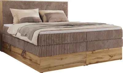 Produktbild von MKS MEBLE Boxspringbett WOOD CLASSIC KING, Doppelbett mit zwei Multipocket-Matratze und Topper T25, hohe Kopfteil, Stauraum - 180 x 200 cm - H3 - Braun Cord