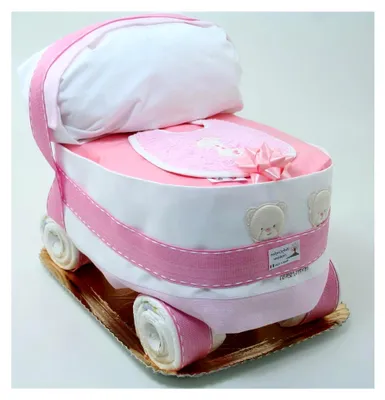Produktbild von Windeltorte als rosafarbener Kinderwagen für die Babyparty