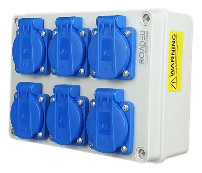 Produktbild von RoadEu Steckdosenverteiler IP44 | 6x Schuko 230V 16A Steckdosen mit Klappdeckel | Aufputz Stromverteiler für Innen- & Außeneinsatz