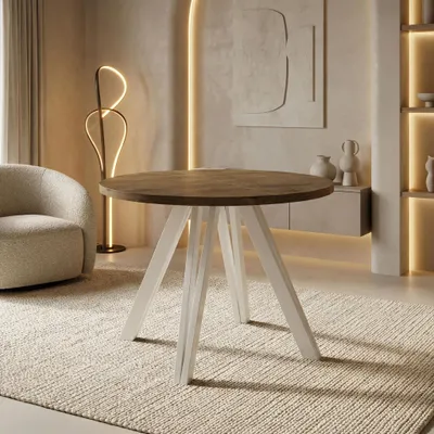 Produktbild von Runder Esstisch Ausziehbar 100–180 cm mit Weißen Holzbeinen aus Buchenholz – Moderner Ausziehtisch für Esszimmer, Küche und Wohnzimmer – Tisch für 4–8 Personen – Eiche Braun Rustikal