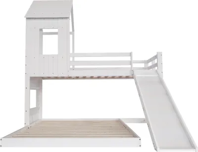 Produktbild von Flieks Etagenbett 90x200/140x200, Kinderbett mit Rutsche und Lattenrost, Hochbett mit Rausfallschutz, Holzbett Stockbett Bodenbett, Weiß