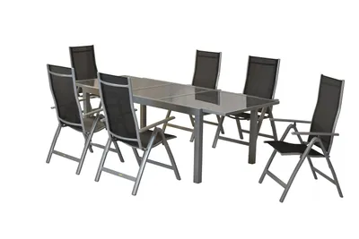 Produktbild von Merxx Gartenmöbelset Carrara 7tlg., 6 Klappsessel schwarz, 1 Ausziehtisch 160/220 x 90 cm - Aluminium/Textil