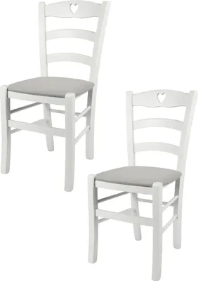 Two white dining chairs with gray upholstered seats are shown against a white background.