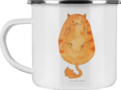 Produktbild von Mr. & Mrs. Panda Teetasse Katze Frühaufsteher - Weiß - Geschenk, Emaille Tasse, Emailletasse, Katzen, Pott, becher, Lustig, Blechtasse, Mittelfinger, Kaffee