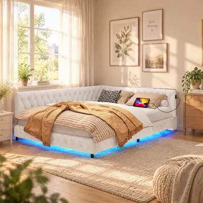 Productafbeelding van INONEFT Gestoffeerd bed 140x200 cm met LED-verlichting en USB-oplaadpoort, slaapbank/dagbed met lattenbodem, eenpersoonsbed/tweepersoonsbed met fluwelen hoofdeinde, beige
