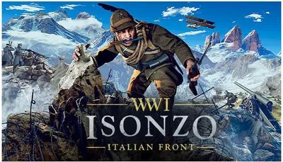 A soldier in a mountainous battlefield during WWI, with planes in the sky and artillery in the background.