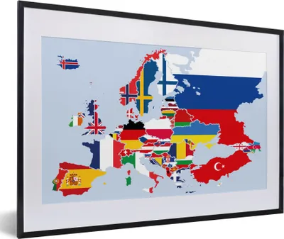 Produktbild von MuchoWow® MuchoWow® Gerahmtes Poster Karte - Europa - Flagge 60x40 cm - Poster mit zchwarzem Bilderrahmen - Schlafzimmer - Plakat in Rahmen - Drucken