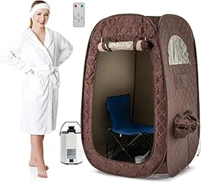 Produktbild von Tragbare Dampfsauna, Ganzkörper-Saunazelt mit 1000 W-Dampfgenerator, Fußmassagebrett, Fernbedienung, Timer & Klappstuhl, 1 oder 2 Personen, Kaffee
