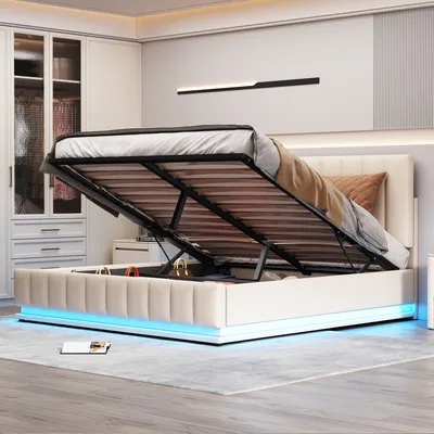 Obrázok produktu pre Merax hydraulická skriňová posteľ 160 x 200 cm s podstavcom pod posteľ a LED, čalúnená posteľ s výškovo nastaviteľným čelom, manželská posteľ Imitácia kože