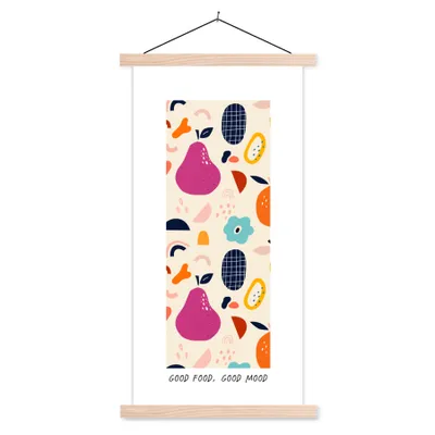 Produktbild von MuchoWow® Textilposter Sprichwörter - Gutes Essen, gute Laune - Zitate - Essen 60x120 cm mit holzfarbenen Rahmen - Holz