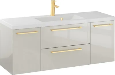 Produktbild von FURNI Waschtischunterschrank RON 120 cm - Kaschmir - Hängender Badschrank mit Mineralguss - Waschbecken - Griffe Gold gebürstet - Vormontiert